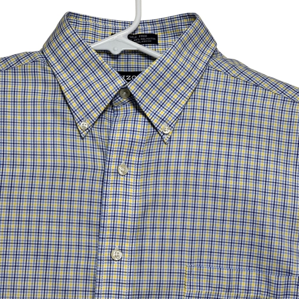 IZOD Mens Regular Fit Plaid Button Down Shirt Blue Yellow Wrinkle Free Lg 16.5